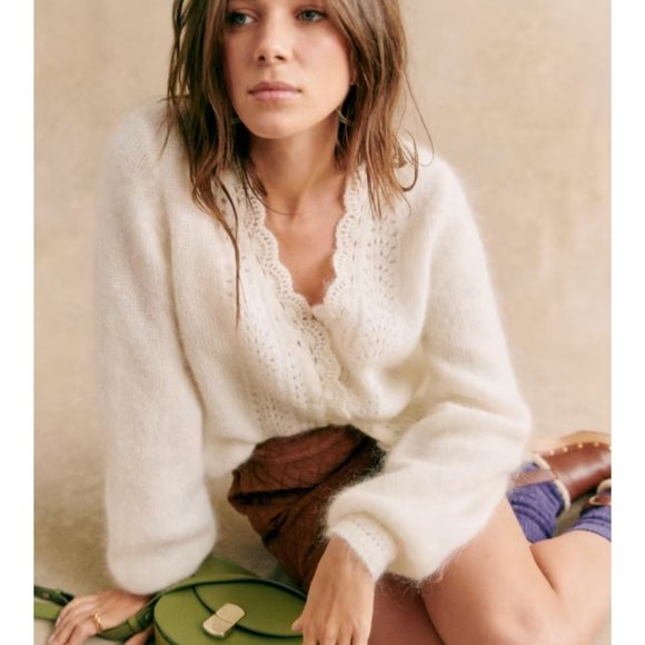 Sézane Angelie Cardigan in Ecru Ivory White Wool Blend Long Sleeves - Picture 3 of 11